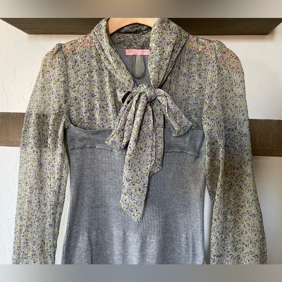 Anna Maria| Feminine Sheer Floral Dress with Knit Gray Combo••Ditsy Floral Print - Picture 3 of 10